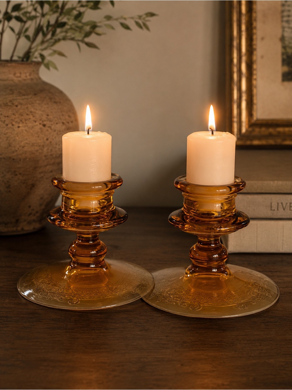 Amber Glass Pillar Candle Holders (Set of 2) - Home Accents